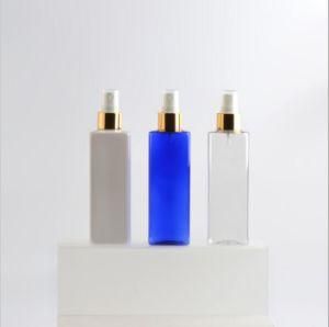 250ml Pet Plastic Square Mist Spray Bottle with Gold and Silver Head