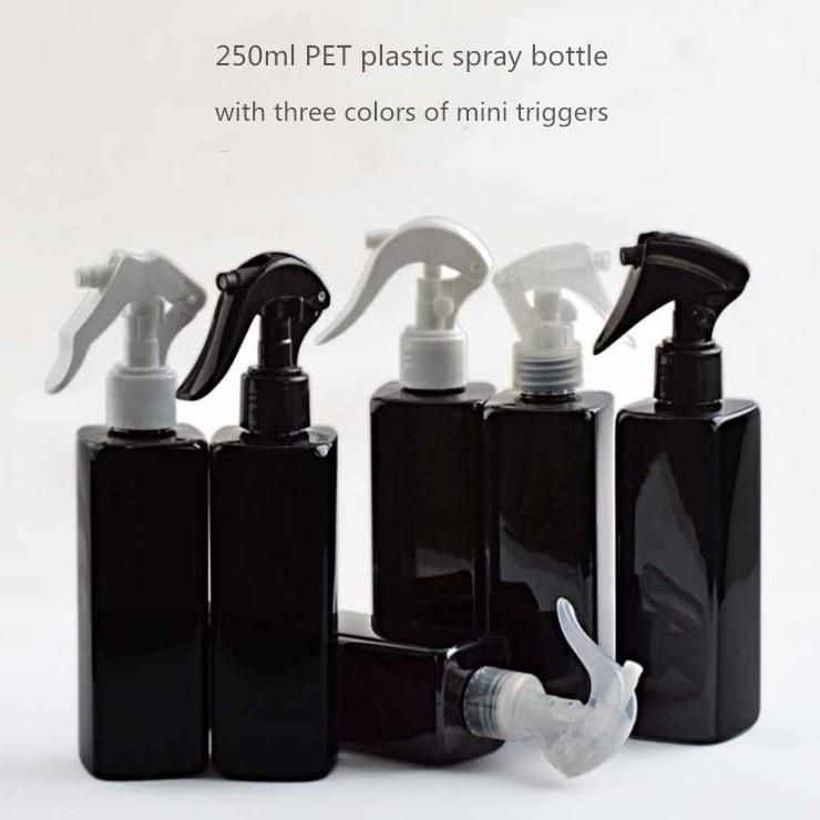 250ml Black Square Pet Plastic Bottle with Mini Trigger Spray