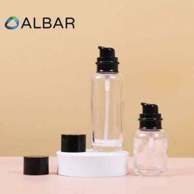 Press Pump Transparent Clear Glass Bottles in Black Lid Cover Cap for Skin Care