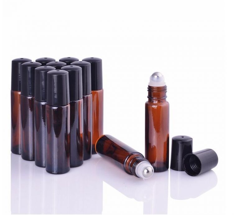 Black Brown Amber 10ml Glass Roller Ball Bottle for Essential Oils with Screw Lid and Metal Roller Ball