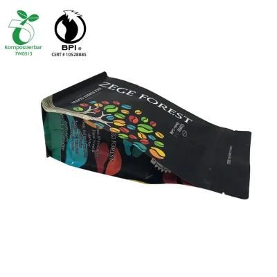 Eco-Friendly PLA Cornstarch 100% Compostable Plastic Coffee Flap Bottom Packing Bag
