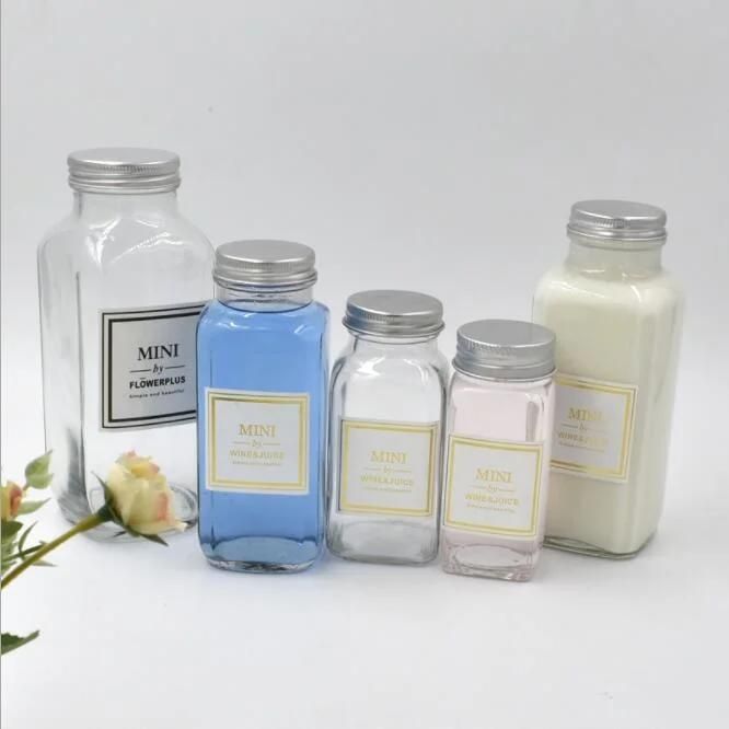 Hot Sell French Square Transparent Glass Bottle for Milk Beverage Juice with Plastic Screw Lid 80ml 250ml 350ml 500ml