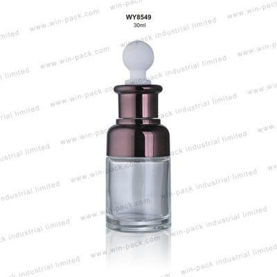 Custom Transparent Cosmetic Package 30ml 40ml 60ml 80ml Dropper Bottle Circle Circle Shape Rubber Shiny Silver Collar