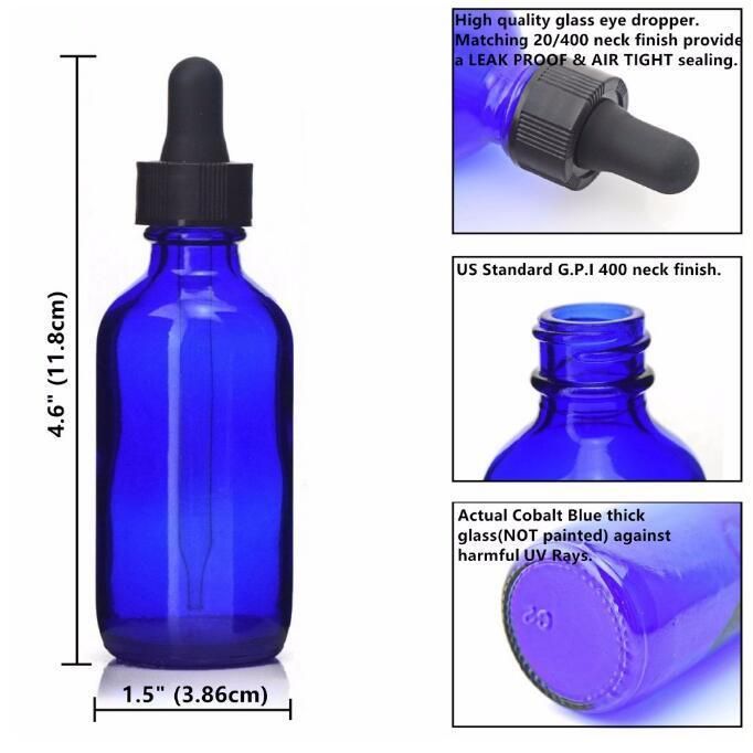 New 60ml Boston Cobalt Blue Glass Eye Dropper Bottles with Pipettes for Essential Oil Aroma Empty Cosmetic Containers