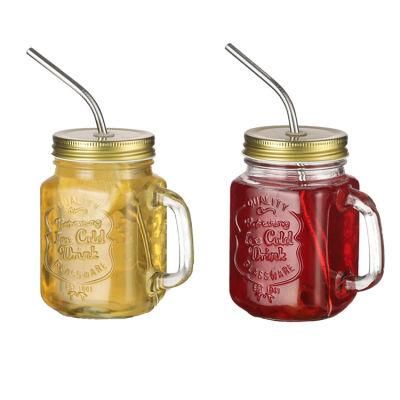 Custom 500ml Empty Wide Mouth Round Mason Jars with Handles and Straw Lids