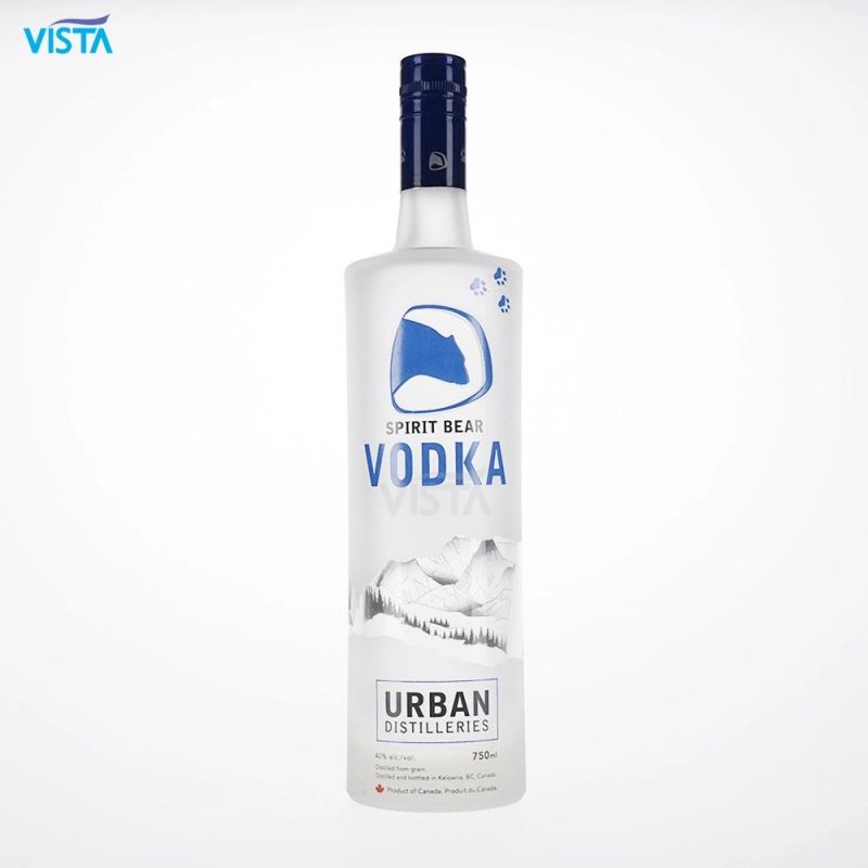 750ml Bear Spirit Vodka Bottle High Flint Glass Bottle with Frost and Window Blue Decal with Screw Cap