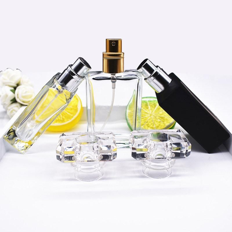 30ml 50ml Glass Perfume Bottle Square Spray Glass Perfume Bottle with Gold Silver Aluminum Mist with Plastic Cover