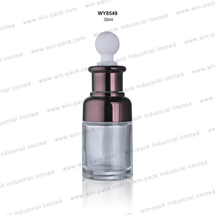 Winpack Luxury Shiny Silver Purple Fancy Glass Dropper Cosmetic Bottles 30ml Special Shape Clear Wholesale Glass Dropper Bottle with Big Head Rubber