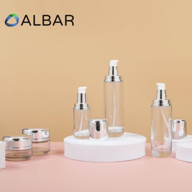 Thick Bottom Clear Crystal Packing Glass Bottles with Silver Caps Press Pumps