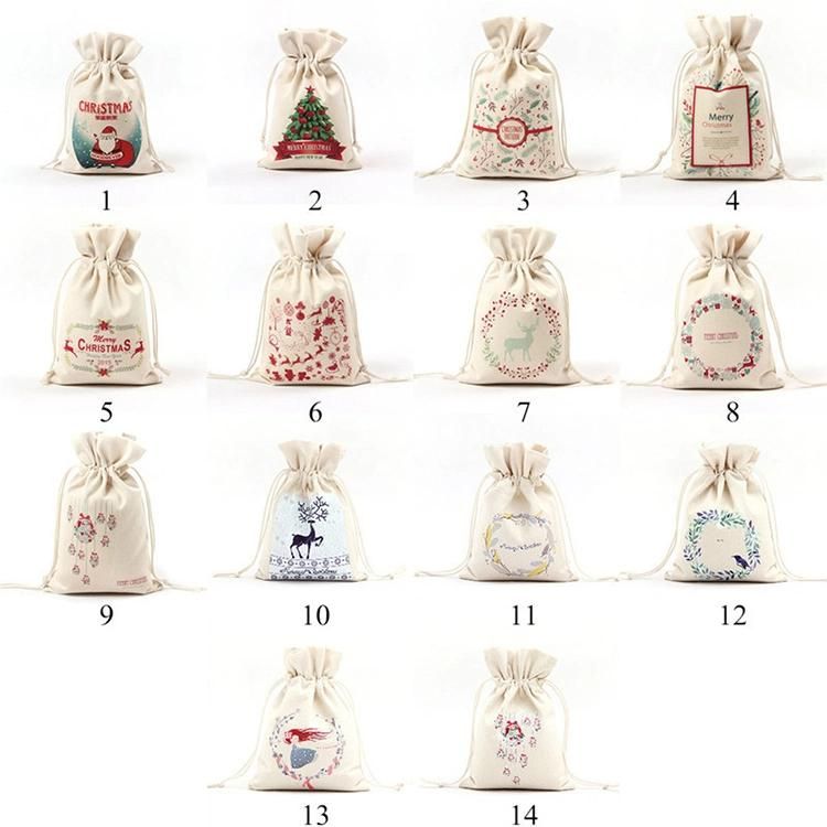 Wholesale Customized Design Festival Seasonal Gift Christmas Food Portable Reusable Promotion Pouch Packing Double Pull Cord Muslin Canvas Cotton Drawstring Bag