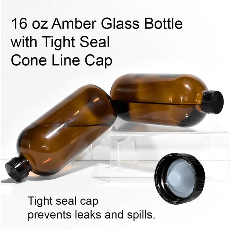 16oz Amber Boston Round Glass Beverage Bottle with Black Poly Cone Cap