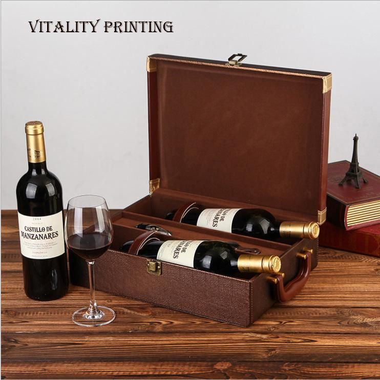 Custom Wholesale Rigid Wooden / PU Leather /Carboard Luxury Hand Carry Lock Display Christmas Wine Liquor Barware Storage Bottle Gift Packing Box