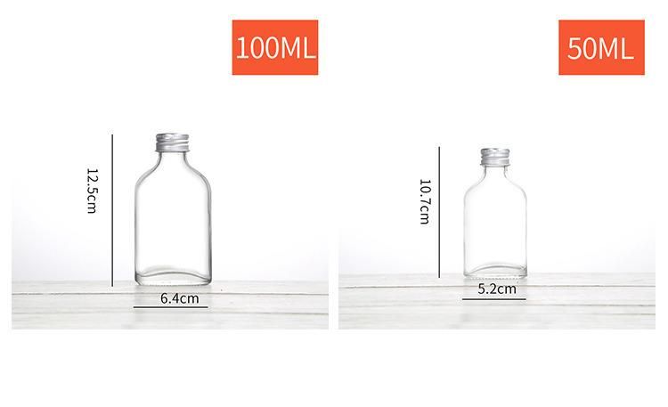 100ml 200ml 250ml Flat Shaped High Flint Clear Color Glass Flask Bottle with Silver Lid