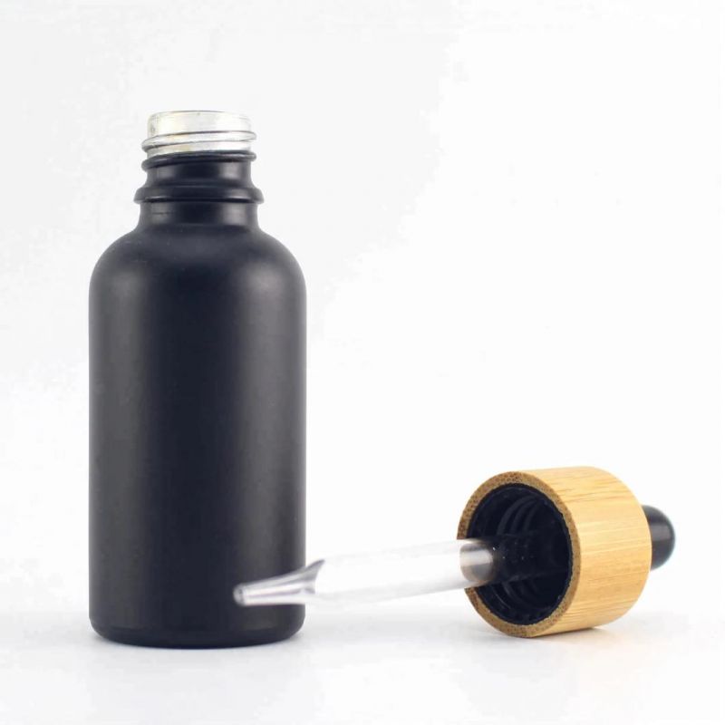 30ml Bamboo Cap Essential Oil Bottle Matte Black Red Frosted Glass Bamboo Dropper Bottle