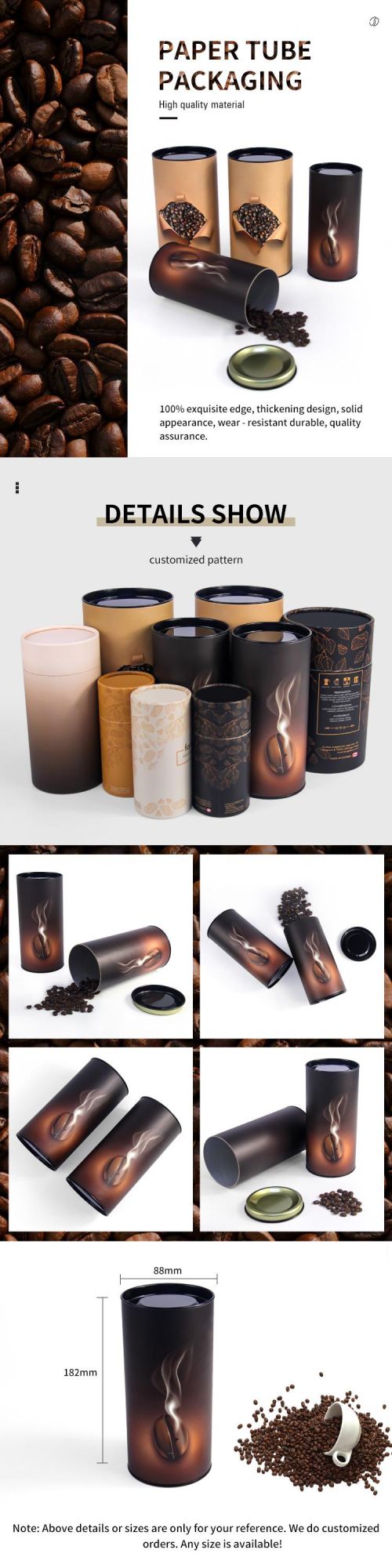 Firstsail Eco Friendly Custom Sealable Aluminum Foil Instant Coffee Bean Container Cylinder Shape Gift Box Packaging Paper Tube with Metal Lid