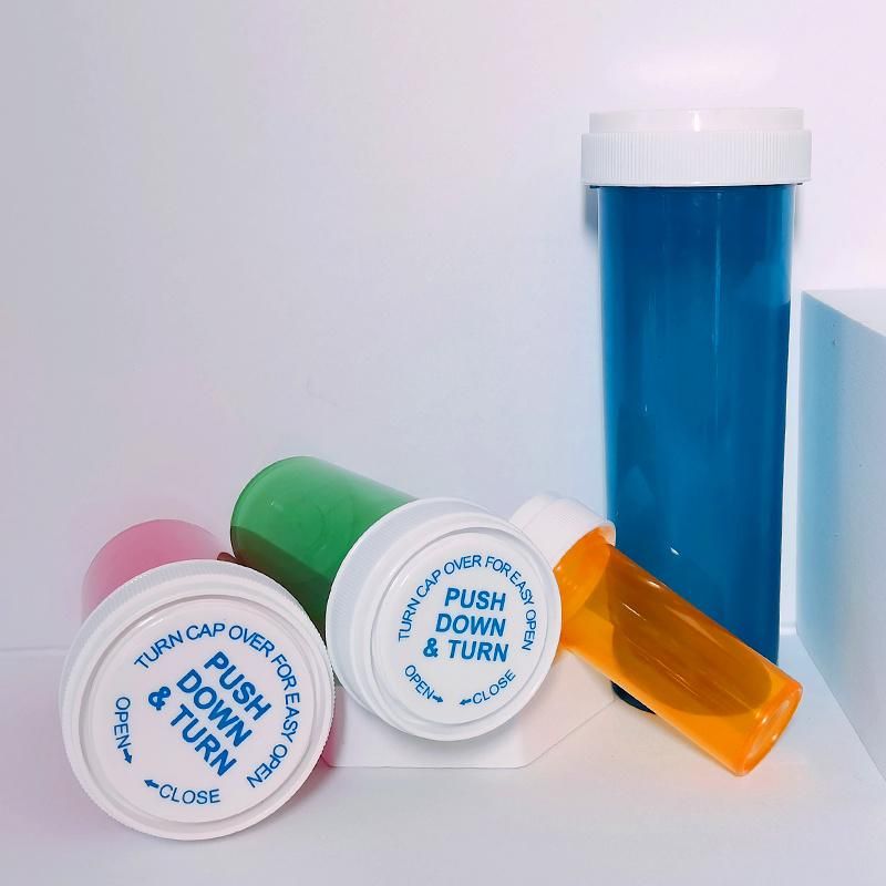 Child Proof Medecine Container Plastic Reversible Pharmacy Capsule Pill Bottle Vials with Child Resistant Push and Turn Caps