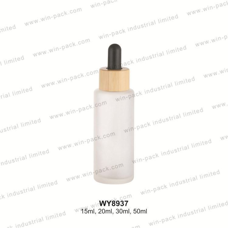 Winpack High Quality Glass Frost Dropper Bottles Unique with Wood Color Collar Frosted Glass Round Cosmetic Serum Bottle with Bamboo Dropper Water Transfer