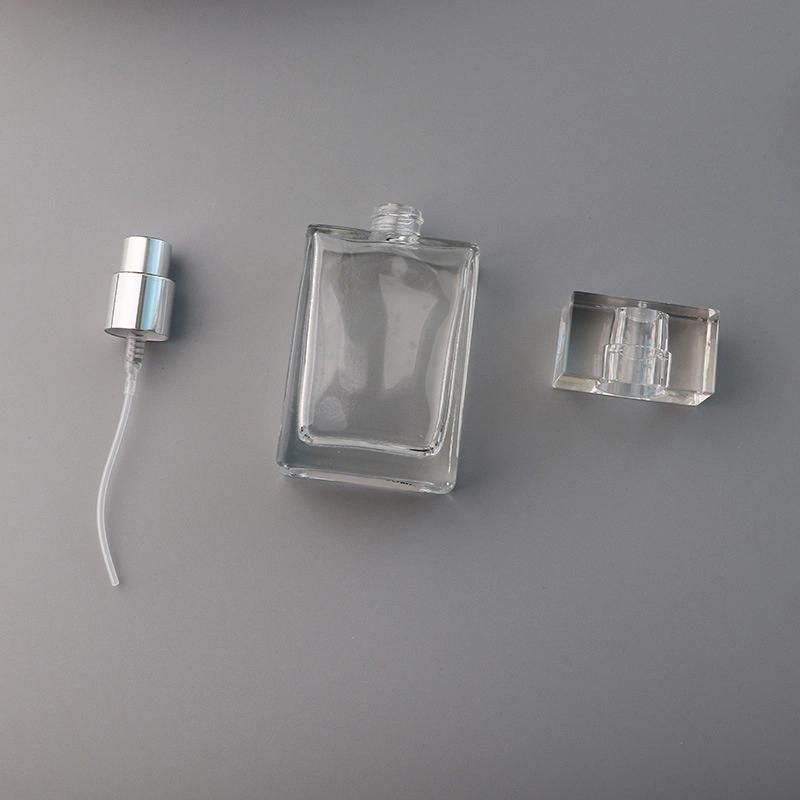 25ml 50ml Square Flint Perfume Atomizer Refillable Glass Empty Spray Applicator Clear Bottle with Acrylic Cap for Travel