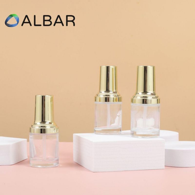 Light Gold Twist off Press Pump Personal Care Cosmetic Glass Bottles in Round and Cylinder