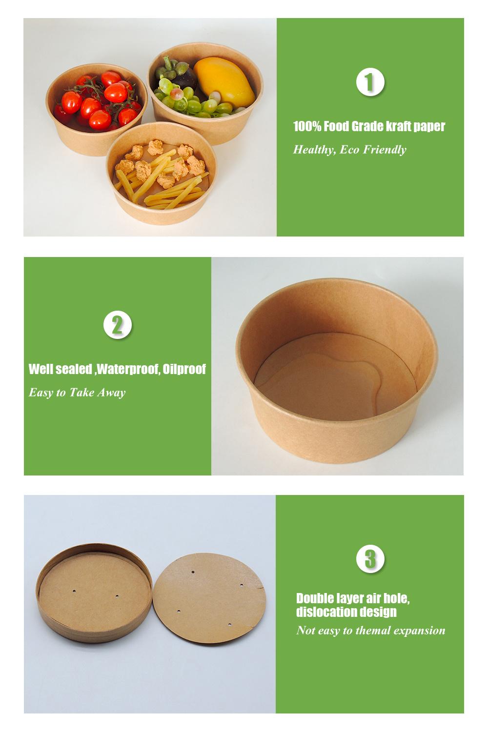 Free Sample Take Away Paper Container Salad Bowls Disposable Kraft Paper Round Bowl for Food Packaging