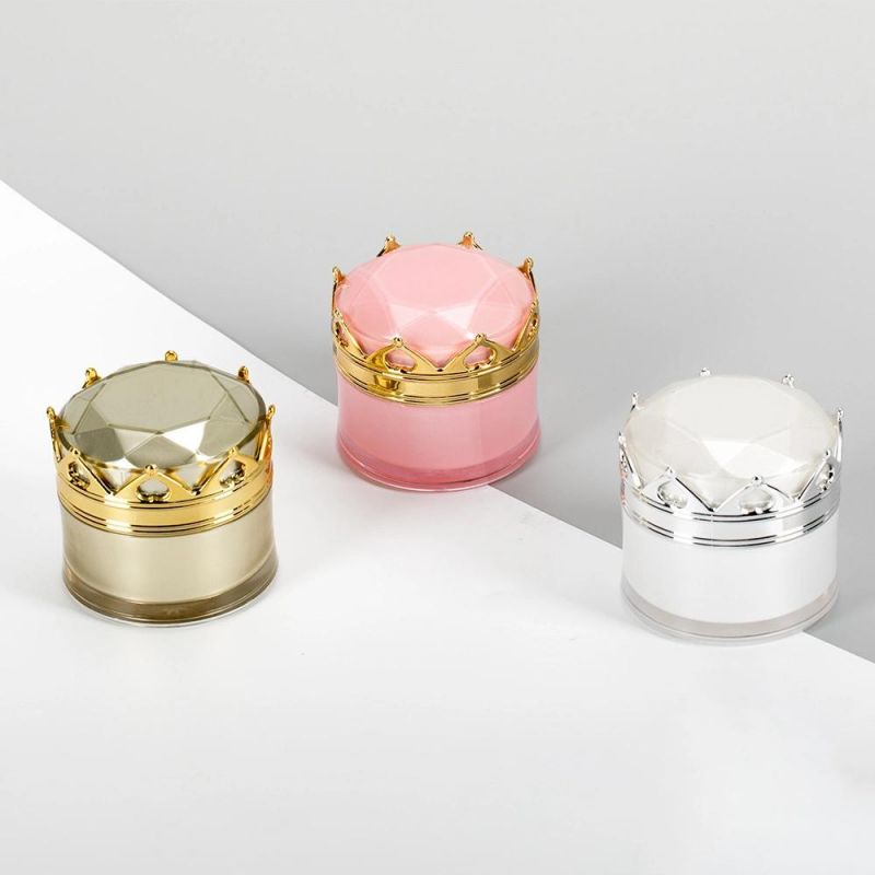 Skincare Plastic Container Cosmetic Packaging Luxury 50g Gold Empty Acrylic Cream Jar with Crown Shaped Lid for Beauty Product Powder Container