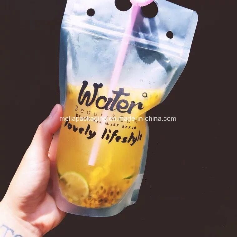 Clear Juice Sealed Drink Pouches Translucent Reclosable Hand Held Stand up Zipper Pouch with Plastic Straw Fruits Juice Plastic Bag