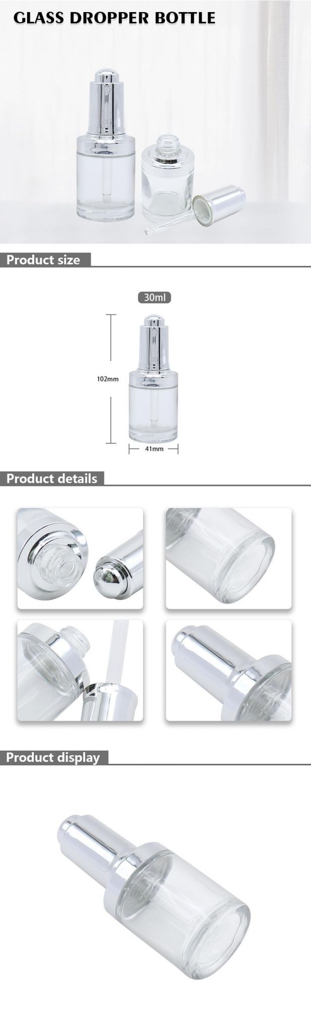 Wholesale 30ml Clear Empty Glass Dropper Bottle With Silver Cap