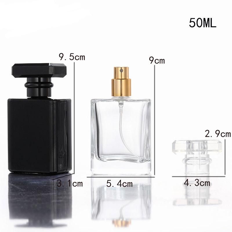 30ml 50ml Glass Perfume Bottle Square Spray Glass Perfume Bottle with Gold Silver Aluminum Mist with Plastic Cover