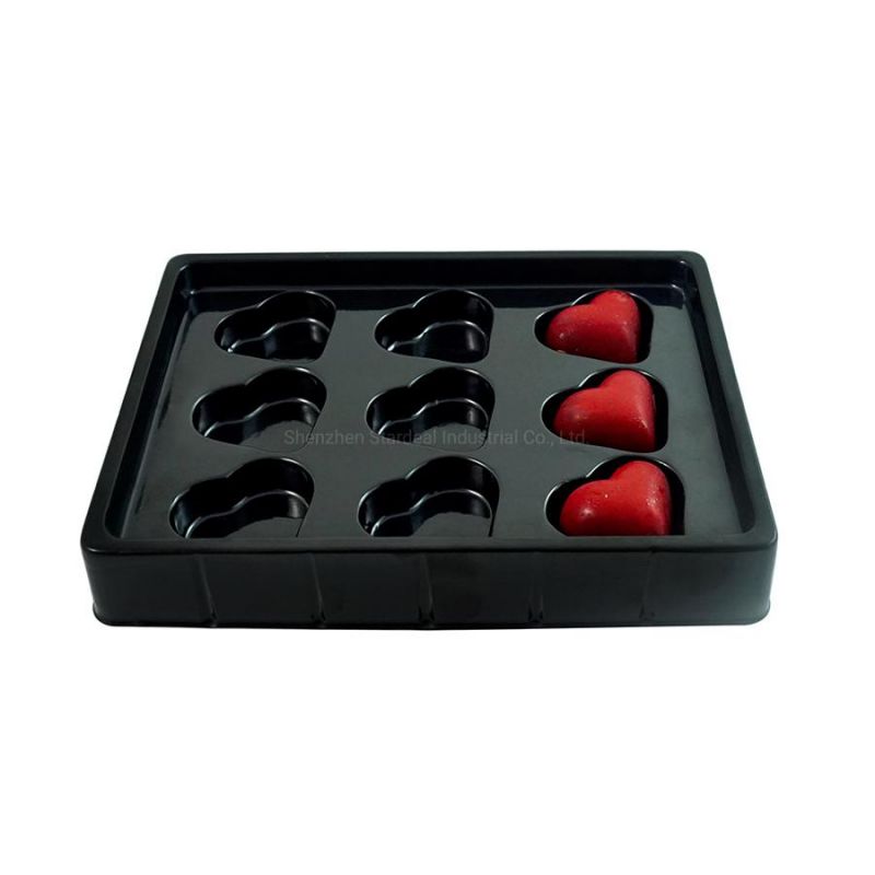 Disposable 9 Slots Plastic Pet Black Heart Shape Chocolate Tray