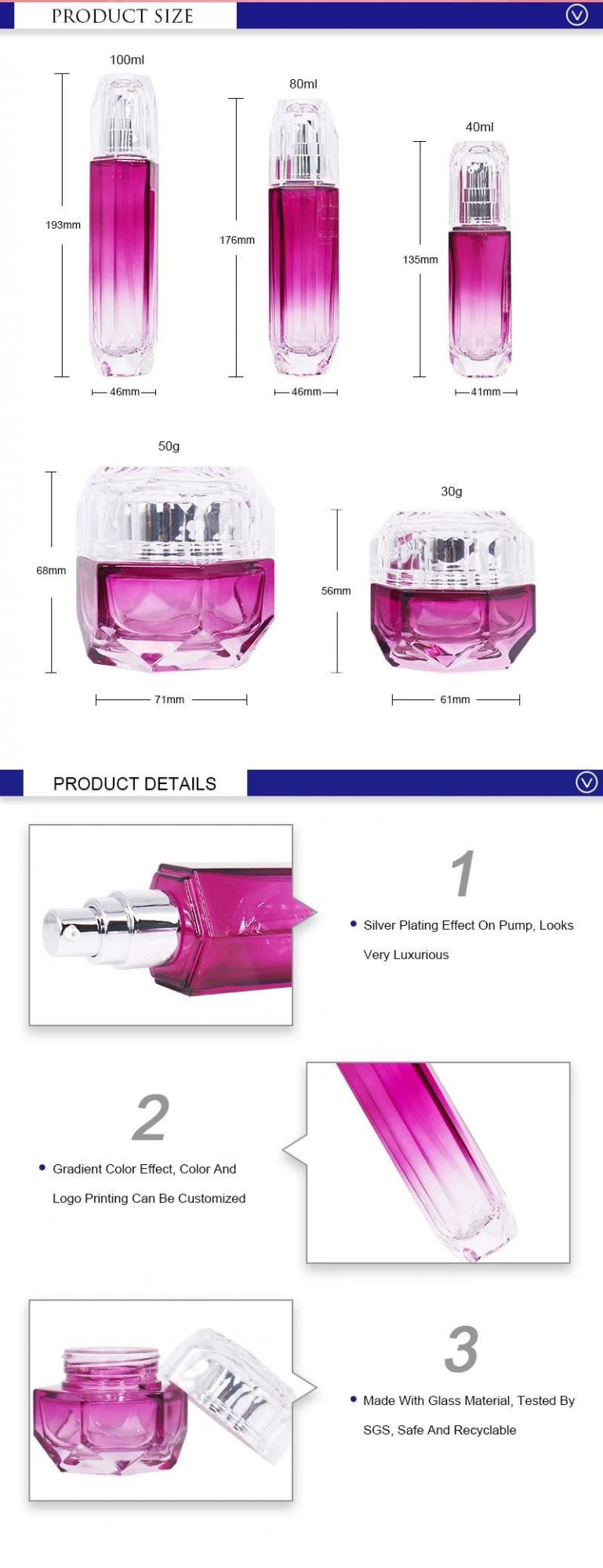 Luxury China Custom Cosmetic 100ml 800ml 40ml 50g Gradient Purple Glass Bottle and Jar