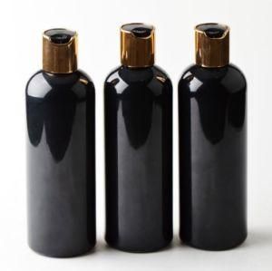 300ml Pet Plastic Round Shoulder Black Lotion Spray Shampoo Bottle with Gold and Silver Press Cap