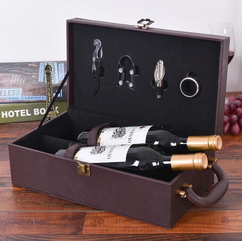 Custom Wholesale Packing Printed Handle Portable Embossed Bronzing Laser Luxury PU Leather Wooden Glass Wine Whisky Bottle Packaging Liquor Gift Box Printing