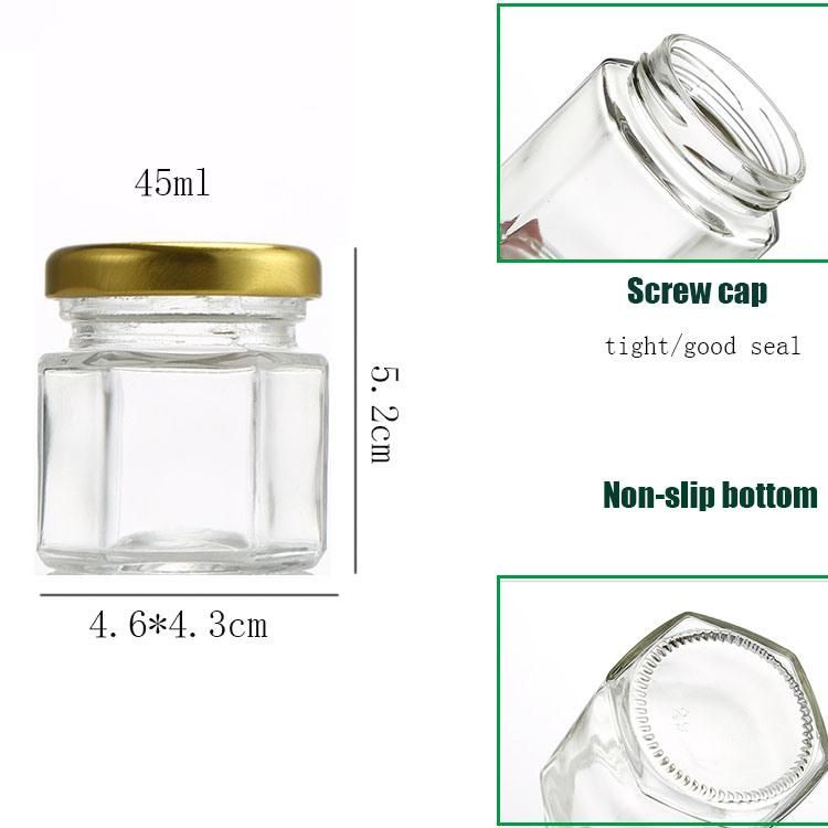 High Quality Custom Logo 1.5oz 2oz 4oz Hexagon Mini Glass Jars for Honey with Wood Dipper and Gold Lid