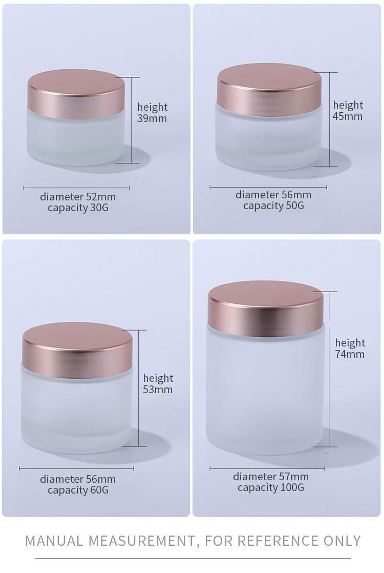 Cosmetic 20g 30g 50g 100g Clear Frosted Glass Jar with Rose Gold Aluminum Lid for Body Cream Jar