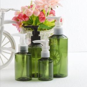 50ml100ml150ml200ml Pet Plastic Green Color Sloping Shoulder Cosmetic Shampoo Bottle with Clip Lotion Pump