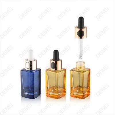 Hot Seller 30ml Square Crimp on Cosmetic Glass Dropper Bottle with Button