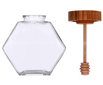 220ml 380ml Hexagon Honey Glass Jars with Wooden Cork Lid and Dipper