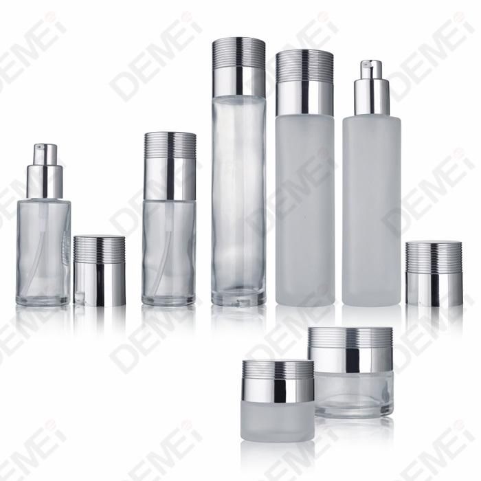 40/60/100/120ml 20g 30g 50g Cosmetic Skin Care Packaging Clear Toner Lotion Glass Bottle and Cream Jar with Shiny Silver Cap