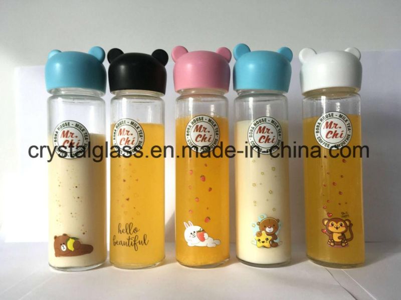 550ml Printing Round Beverage Glass Bottle with Color Bear Plastic Cap 18oz