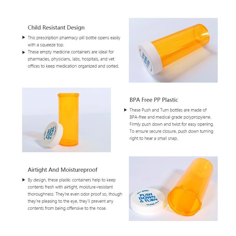 Hot Sale Waterproof Airtight Plastic Medicine Pill Bottles Prescription Push Down and Turn Vials with Child Resistant Caps