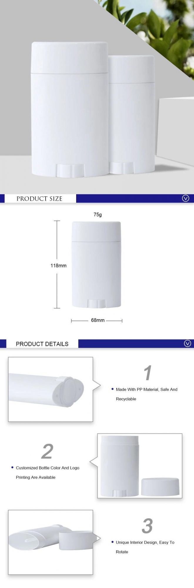 OEM Custom Manufacturer 75ml Empty Cosmetic Packaging White PP Sunscreen Stick Bottle