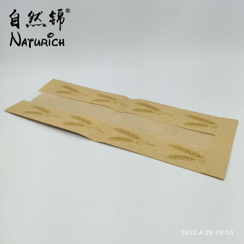 Food Grade Printed Bakery Brown Greaseproof Kraft Paper Bread Packaging Bags with Clear Window