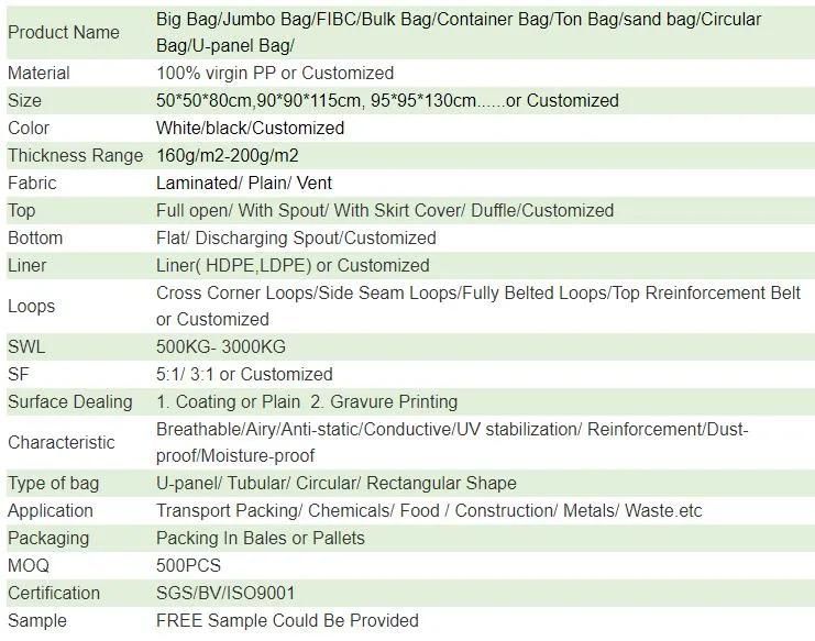 1000kgs 1500kgs Polypropylene FIBC Big Jumbo Bags for Mining Skip Big Bag