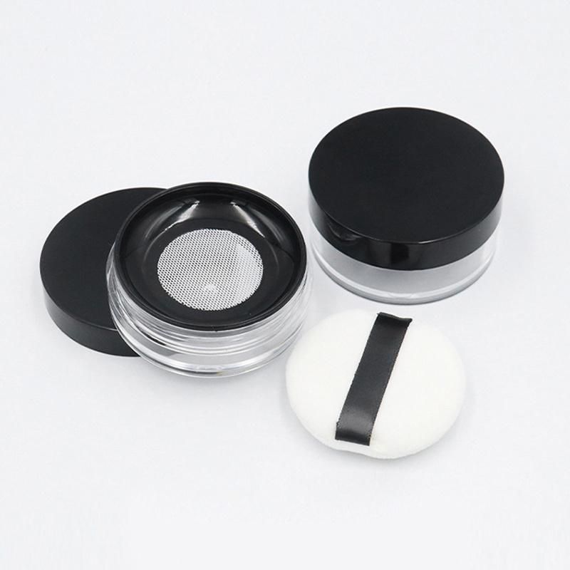 Hot Sell Product Black Makeup Packaging Custom Logo Plastic Empty Round Transparent Loose Powder Jar with Sifter and Puff