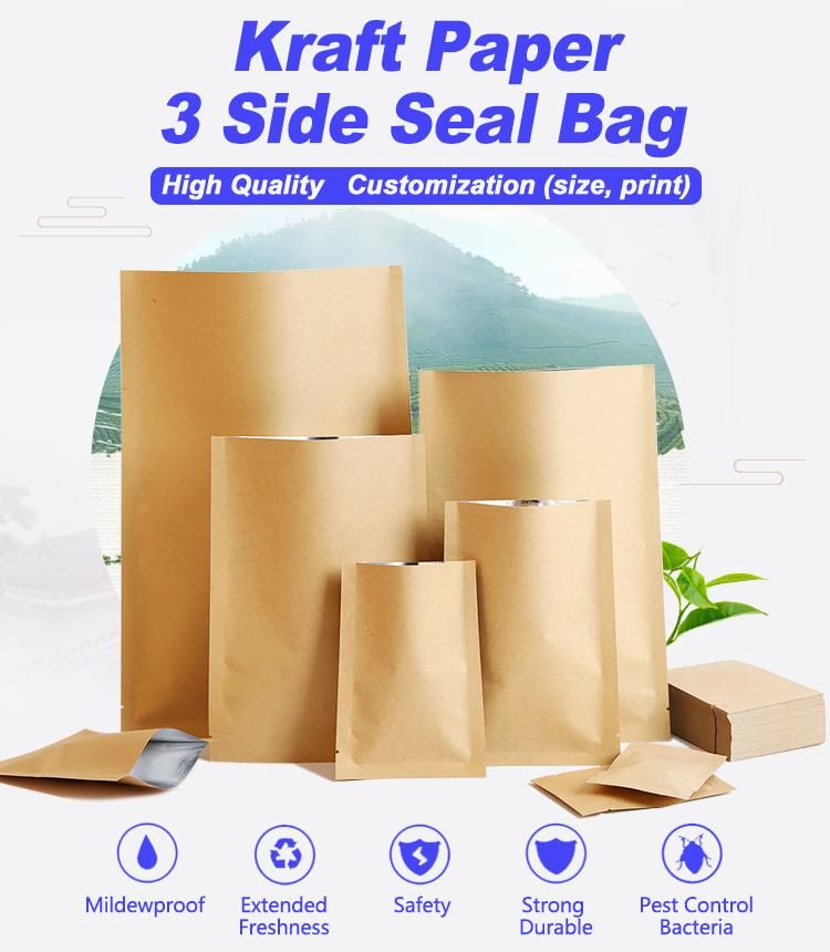 Large Size Aluminum Foil Inside Kraft Paper Bag 3 Side Sealing Nuts Snacks Packaging Bag 20*30 with Tear Notch