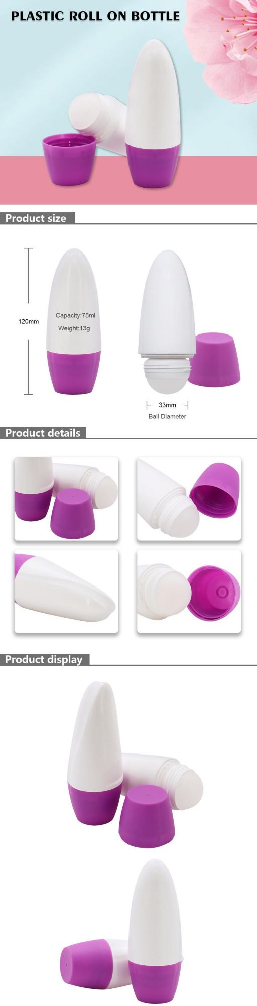 High Quality Manufacturer Refillable 75ml Empty Skincare Packaging Plastic Roll on Bottle with Purple Cover