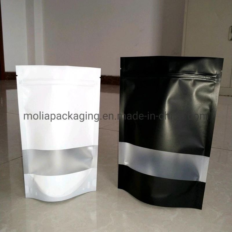 Compostable Plastic Bags/Stand up Sealing Bags Food Grade with Zipper and Tear Notches Black Color Strip Windows Stand up Bags