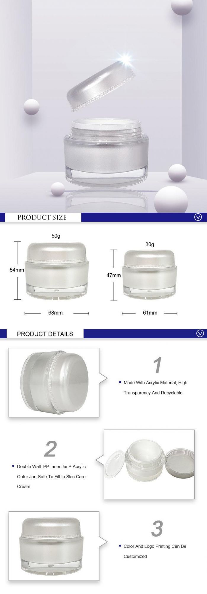 New Design High Transparent and Recyclable 50g 30g Cosmetic Packaging Acrylic White Cream Jar