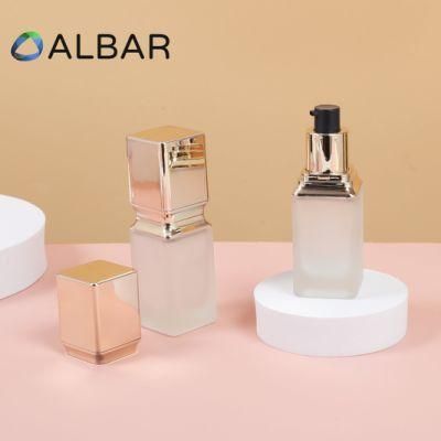 Light Gold and Black Pump Personal Care Glass Bottles for Cosmetics in Square