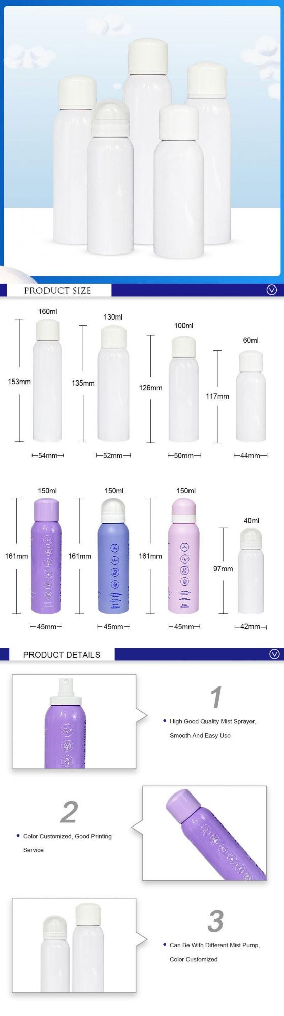 60ml 100ml 150ml High Quality Spray Bottle Customize Fine Good Mist Spray Cosmetics Bottles